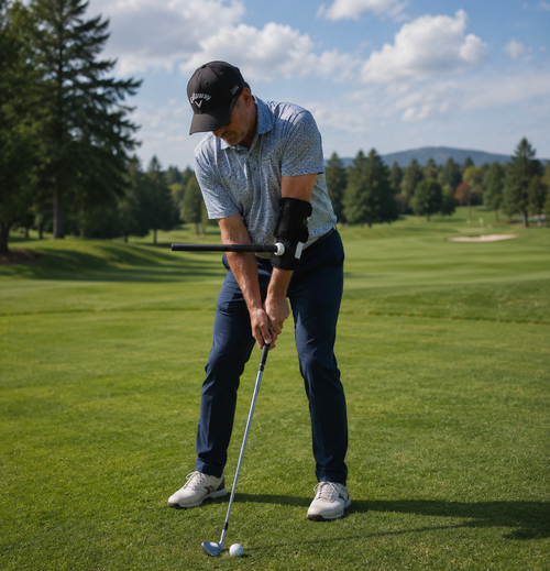 Man playing golf on a green course with golf training aid and trees and mountains in the background