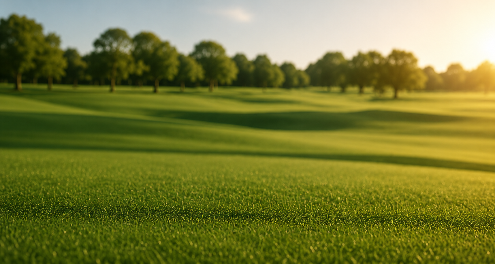 Green golf course with trees in the background during sunset.