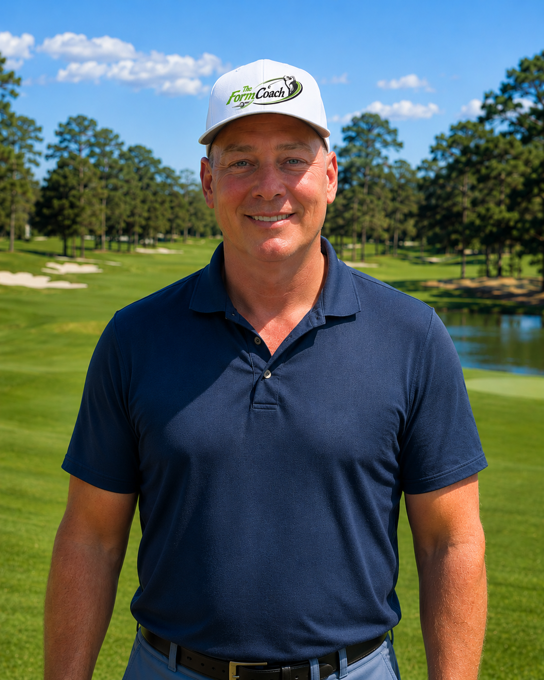 Man wearing a navy blue shirt and white cap with a logo on a golf course