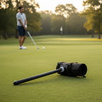Golf course with a camera on the grass and a golfer in the background.