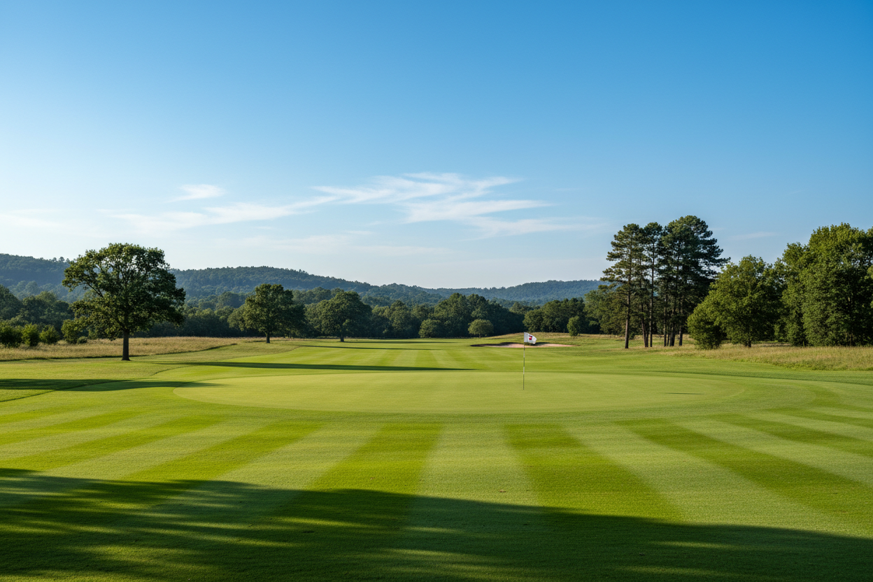 Golf course with green grass and trees under a clear blue sky
